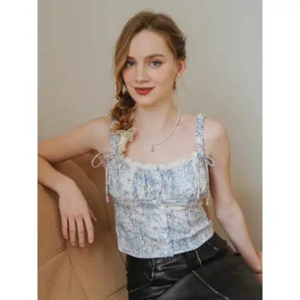093 Rosie Posie Toile Print Corset-Style Top Various Sizes